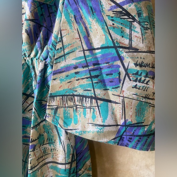 Caliche All Over Print Dress Vintage 80s 3/4 Sleeve Pockets Collared Funky - Picture 4 of 14